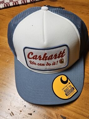 Carhartt Womens Blue and White Mesh Trucker Hat with Red Bandana around the C